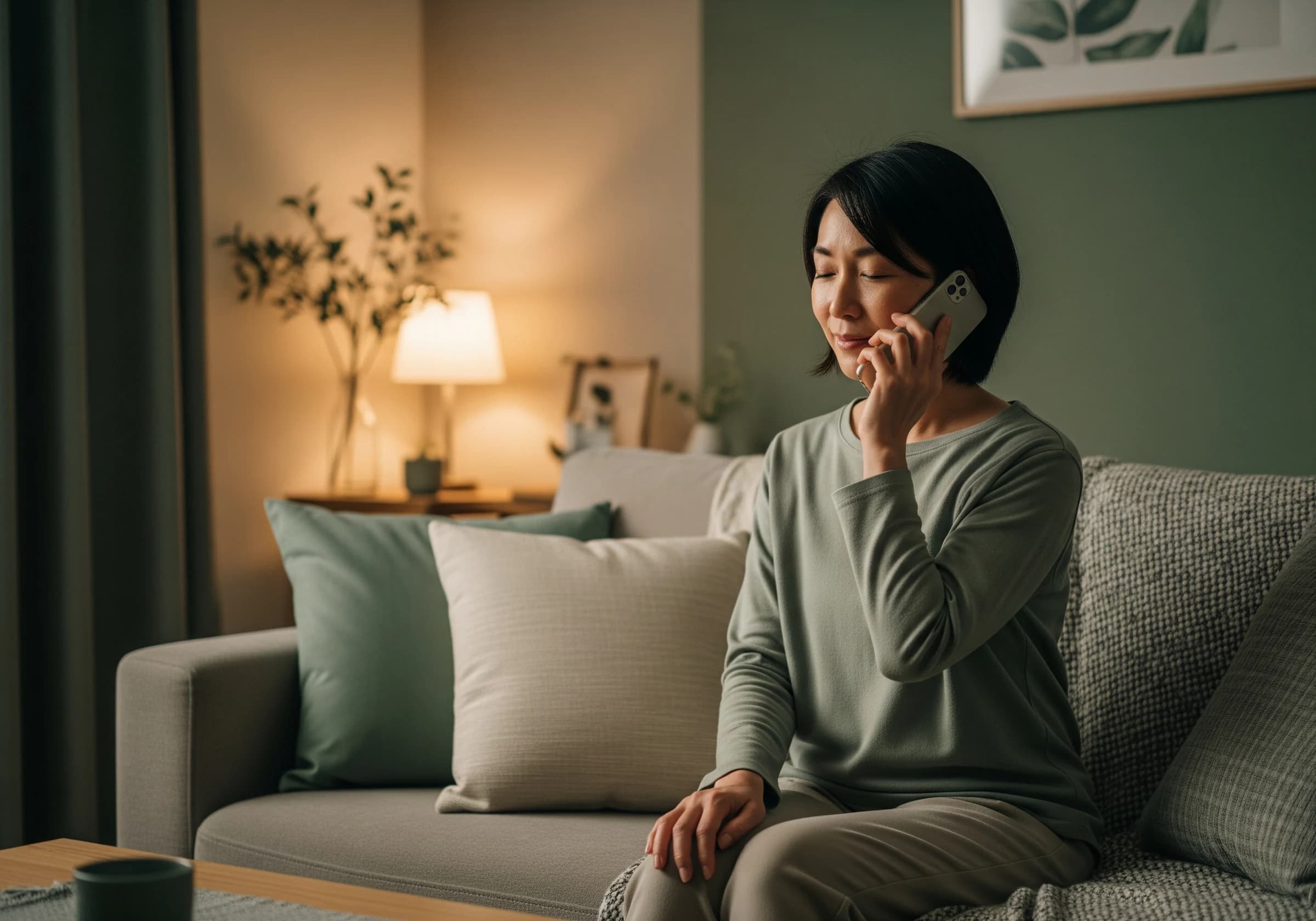 自宅で電話相談する女性